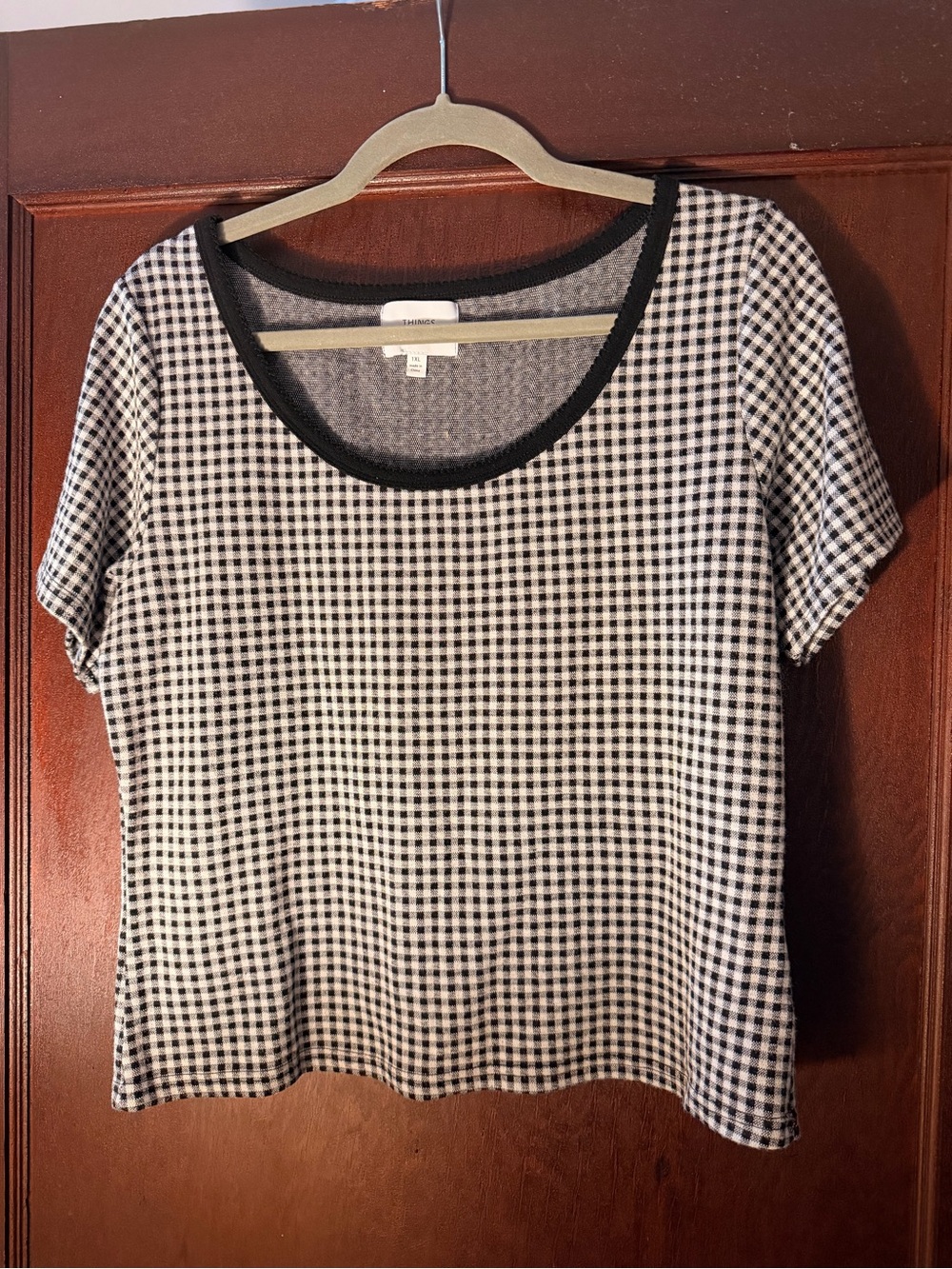 Black and White Gingham Short Sleeve Scoop Neck Top